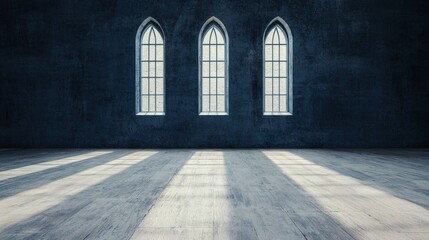 Sunlit Gothic Room Interior Empty Space Arch Windows Concrete Wall Wooden Floor
