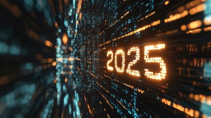 Dynamic Holographic "2025" Floating in a Technological Background, Representing Modern Concepts.