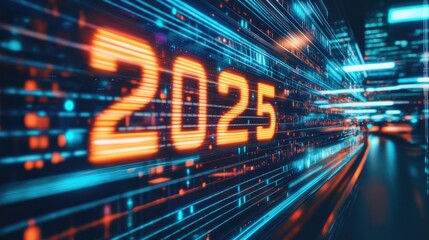 Cybernetic Display with "2025" Highlighted in Neon Lights, Depicting the Future of Innovation.