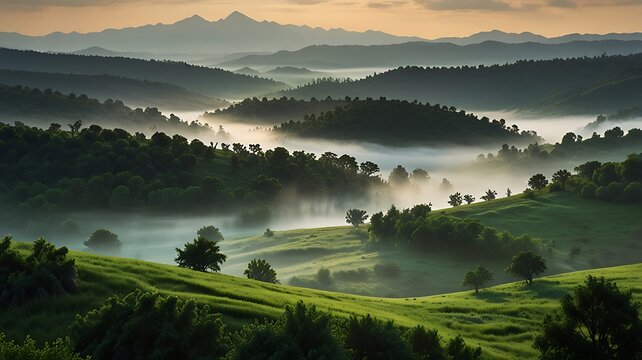 Dramatic mountain range with deep green valleys and sharp peaks, set against a soft sky for a bold and breathtaking background