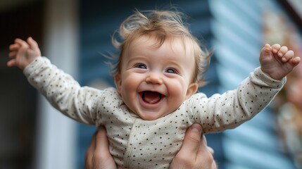 baby boy laughing as his father lifts him into the air, enjoying the playful moment and feeling of flying