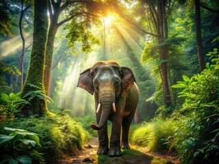 Fototapeta premium Wild Elephant in Lush Kanchanaburi Forest, Thailand - Majestic Wildlife Photography, Nature, Adventure, Conservation, & Biodiversity in Southeast Asia