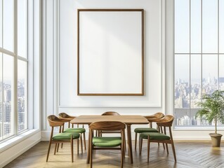 Fototapeta premium A modern dining room with a large empty frame on the wall, wooden table and chairs, and large windows with a city view.