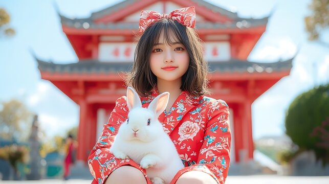 Intricate details images of A young Chinese women 18 years old short messy hair, Impressionism, big headband with bow tie, floral red suit and shorts, sitting with a chubby white rabbit in front of