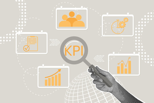 Fashionable halftone collage. Concept of performance improvement, KPI,rating scales, improve mastery, decision making, get better, teamwork. Hand pressing on mastery evaluation scale. Illustration for