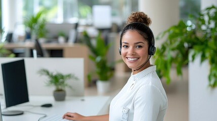 Smiling customer service representative wearing a headset in a modern office, ample copy space for text, high-end business photography, deep depth of field