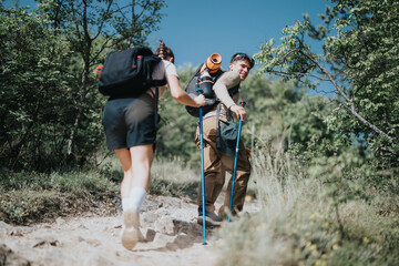 Two friends enjoy a sunny hike through a green forest. They hike uphill with backpacks and trekking...