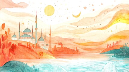 Obraz premium Whimsical Landscape with Sunlit Mosque and Flowing River in Dreamy Pastels