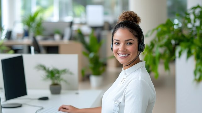 Smiling customer service representative wearing a headset in a modern office, ample copy space for text, high-end business photography, deep depth of field