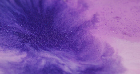 Spreading paint. Violet mixture. Purple contrast jet diffusion of metamorphosis colors. Wavy pouring glisten leak expansion with shade darkening.