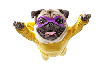 A pug in a superhero costume flying with excitement against a white isolate background.
