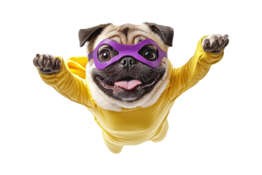 A pug in a superhero costume flying with excitement against a white isolate background.