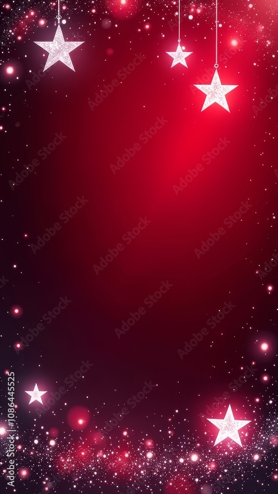 Poster a red background with stars hanging from the top