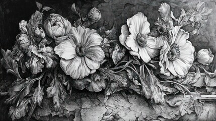 A grayscale image of a carved bouquet of delicate flowers and leaves on a textured background.