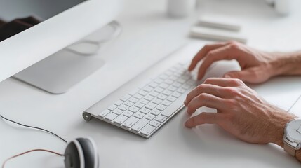 Hands typing on a keyboard with a customer service headset nearby, clean modern background with space for advertising copy, deep depth of field
