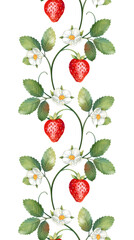 Strawberry seamless border. Green leaves, red berries and flowers. Hand drawn.