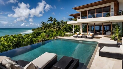 Beachside villa with panoramic ocean views and modern tropical design, AI Generated