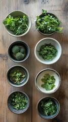 Fresh Thai Ingredients Collection Fresh herbs arranged in ceramic bowls.