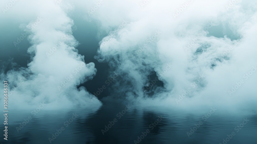 Fototapete ethereal mist floating over a calm water surface creating a serene and mystical atmosphere ideal for