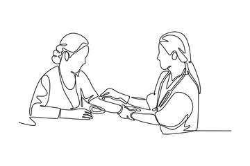 Doctor and patient. Single line draw design vector graphic illustration.