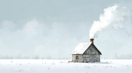 Rustic wooden farmhouse in a snowy field, smoke curling from the chimney against a crisp winter sky