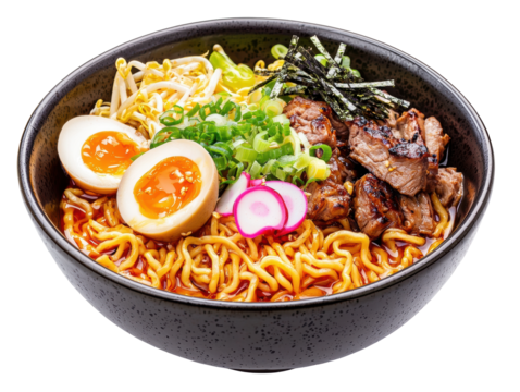 Delicious bowl of ramen with eggs, green onions, and grilled meat on a white background.