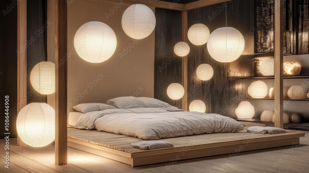 Poster serene japanese-inspired bedroom with soft lanterns and minimalist design for tranquil living spaces