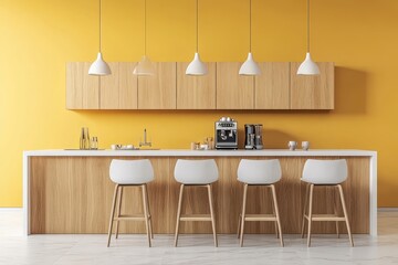 Fototapeta premium Modern kitchen counter with white bar stools and yellow wall.