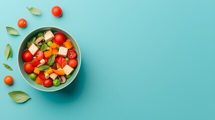 A Colorful Bowl of Vegan Tom Yum Soup Bursting with Fresh Vegetables and Fragrant Basil Leaves. Vegetarian or Vegan Ingredients Concept