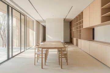Fototapeta premium Modern dining room with large windows, wooden table and chairs, and built-in shelves.