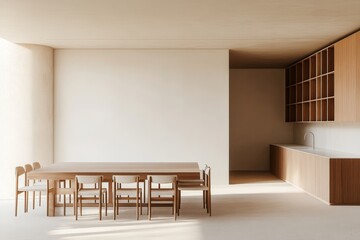 Minimalist dining room with a large wooden table and chairs, a white wall, and a kitchen with open shelves.