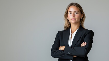 Professional portrait of a confident businessperson in formal attire, clear focus, with copy space for text on a clean background, high-end business photography, deep depth of field