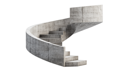 Modern curved concrete staircase with a minimalist design on a white isolated background.