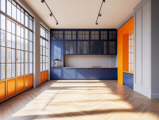 Modern kitchen interior with blue cabinets, orange accents, and large windows.