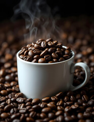 Coffee beans and cup, Fresh Roasted Coffee Beans Pouring into White Cup - Coffee Lover's Dream, White Mug Filled with Roasted Coffee Beans