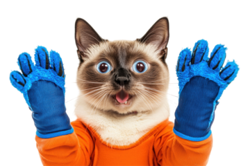 Playful cat in blue gloves, expressing excitement against a white isolate background.