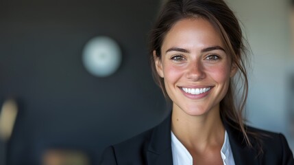Close-up professional headshot of a smiling businesswoman, with ample copy space for advertising, sharp and clear image, deep depth of field
