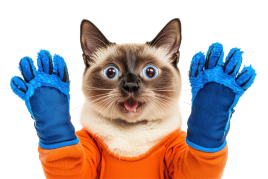 Playful cat in blue gloves, expressing excitement against a white isolate background.