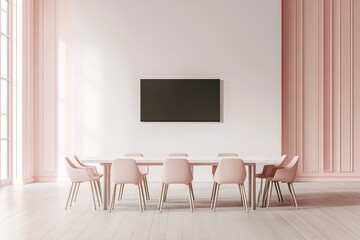Minimalist dining room interior with a large dining table, eight pink chairs, a blank TV screen, and a window with a view of a cityscape.