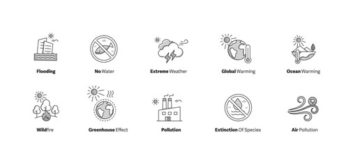 Climate and Environmental Disaster Icons. A collection of visuals addressing critical issues like air pollution, species extinction, global warming, and extreme weather patterns.