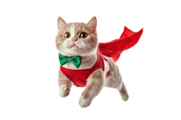 A playful cat in a superhero costume, featuring a red cape and bowtie, on a white isolated background.
