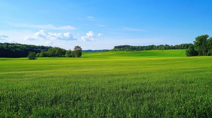 Obraz premium A vast green field stretches out under a clear blue sky with fluffy white clouds, creating a tranquil and serene landscape.