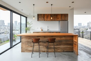 Modern kitchen with a wooden counter and two bar stools, overlooking a cityscape.