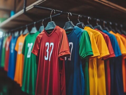 A row of colorful soccer jerseys with different numbers hanging on a rack in a sports store.