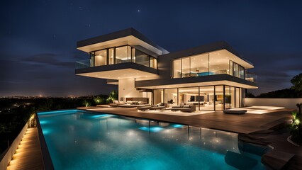 Fototapeta premium Contemporary villa with a unique rooftop pool and elegant lighting, AI Generated