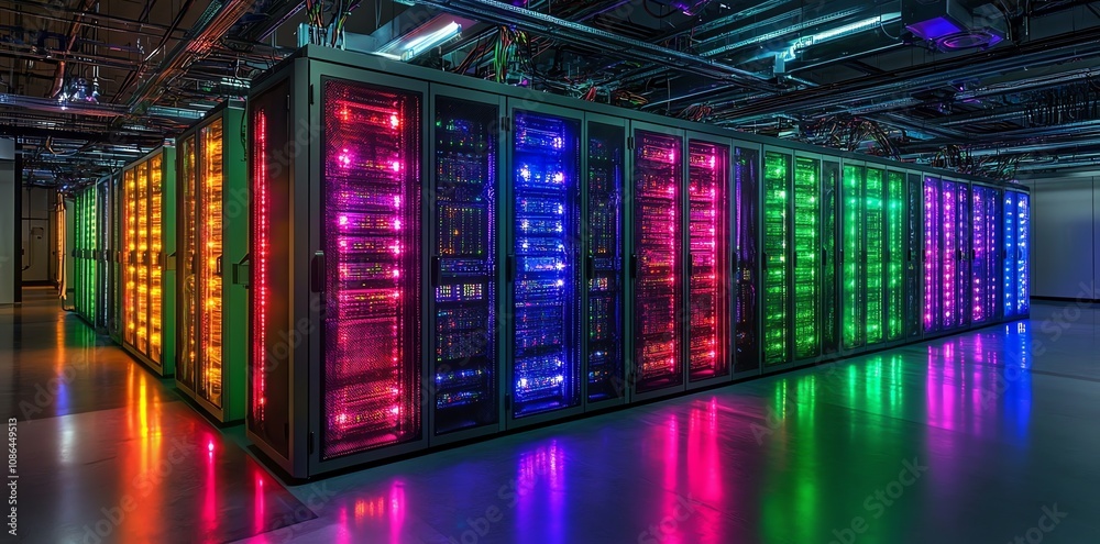 Poster a row of brightly lit server racks in a data center.