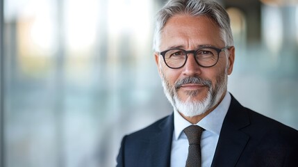 High-end business portrait of a corporate leader in an office environment, sharp focus with blurred background, room for advertising text, deep depth of field