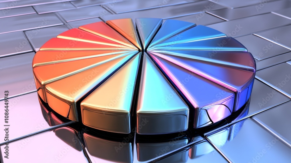 Poster colorful geometric shape on metallic surface with reflections and light effects for creative design 