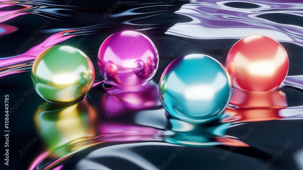 Poster Colorful Reflective Spheres on a Shimmering Surface Creating a Vibrant and Dynamic Visual Experience with Intricate Light Reflections and Fluid Motion