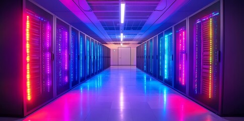 A row of server racks with glowing lights in a modern data center.
